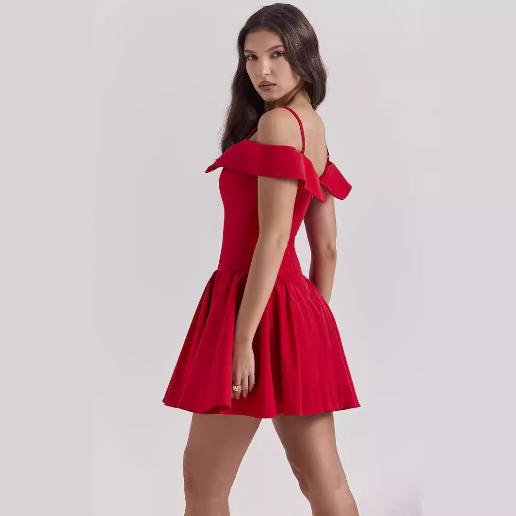 Women’s Mini Dress – Fit and Flare – Off Shoulder – V-Neck – Pleated Skirt