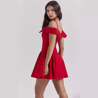 Women’s Mini Dress – Fit and Flare – Off Shoulder – V-Neck – Pleated Skirt