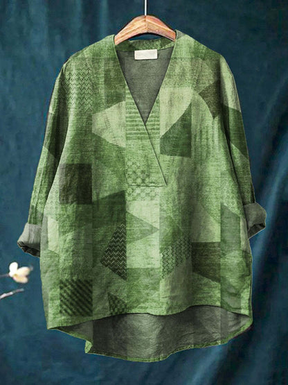Women’s Long Sleeve Shirt – Relaxed Fit – V-Neck – Cotton Blend – Digital Print
