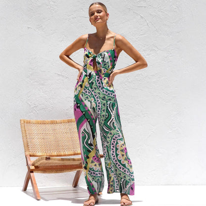 Women’s Jumpsuit – Wide Leg – Spaghetti Strap – Front Tie – Breathable Cotton Feel