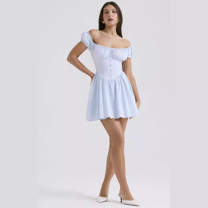 Women’s Mini Dress – Slim Fit – Puff Sleeve – Square Neck – Button Front Bodice