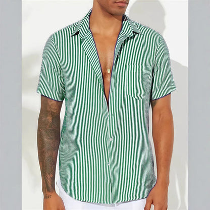 Men’s Casual Shirt – Cotton Blend – Relaxed Fit – Short Sleeve – Vertical Stripes