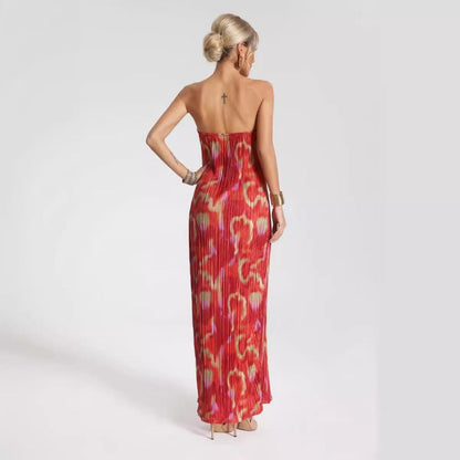 Women’s Strapless Maxi Dress – Slim Fit – Pleated Fabric – Abstract Print – Formal Wear