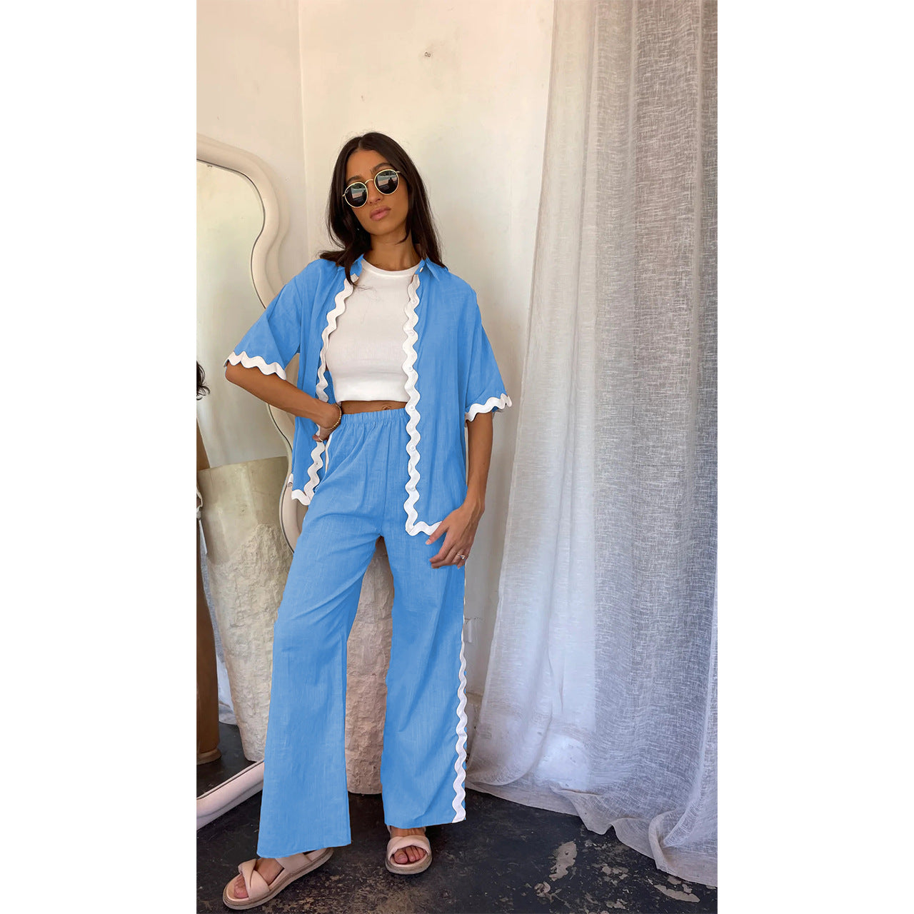 Women’s Two-Piece Set – Lightweight Cotton – Loose Fit – Scalloped Open Front