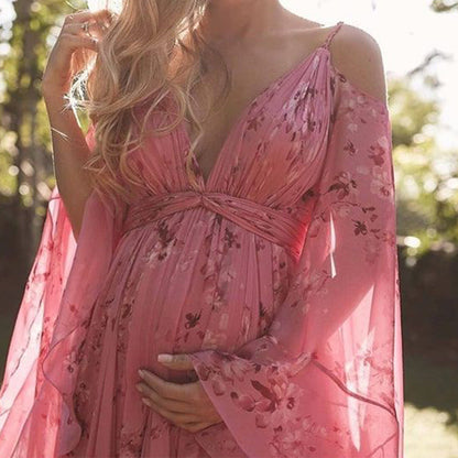 Women's Maxi Dress - Satin - Flowing Silhouette - Deep V-Neck - Empire Waist