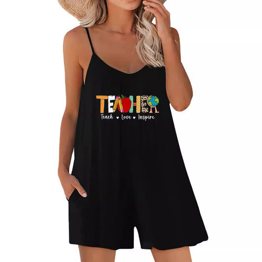 Women’s Romper – Relaxed Fit – Cotton Blend – V-Neck – Spaghetti Straps – Pockets