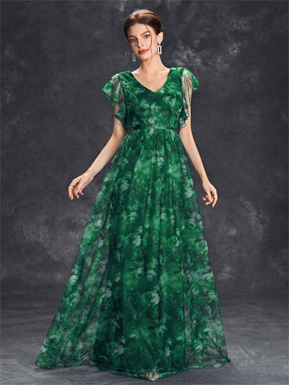 Women’s Maxi Dress – Flowing Fit – Sheer Fabric – V-Neck – Floral Ruffle Sleeves
