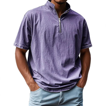 Men’s Short Sleeve Shirt – Fitted Cut – Stand Collar – Zip Front – Breathable Blend