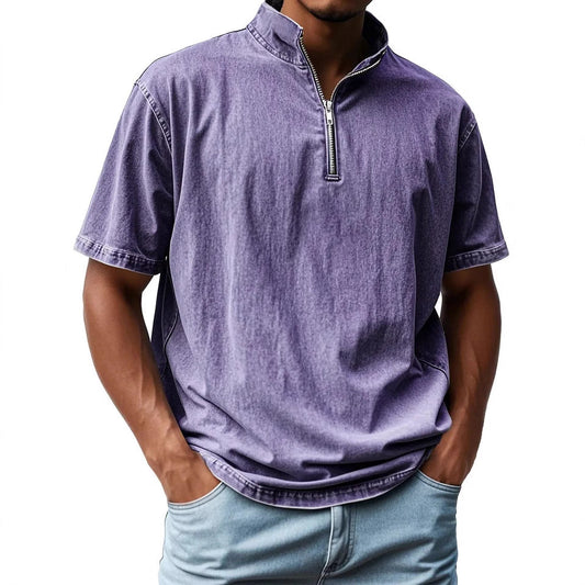 Men’s Short Sleeve Shirt – Fitted Cut – Stand Collar – Zip Front – Breathable Blend
