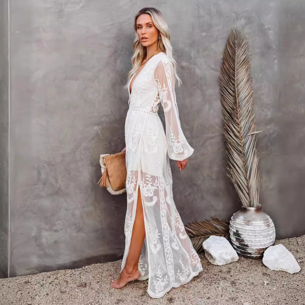 Women’s Long Dress – Lace & Chiffon – Deep V-Neck – Sheer Sleeves – High Slit Fit