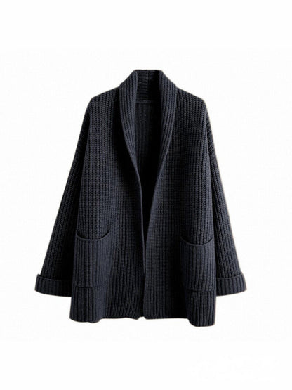 Women’s Knit Cardigan – Oversized Fit – Chunky Wool Blend – Longline Open Front – Pockets