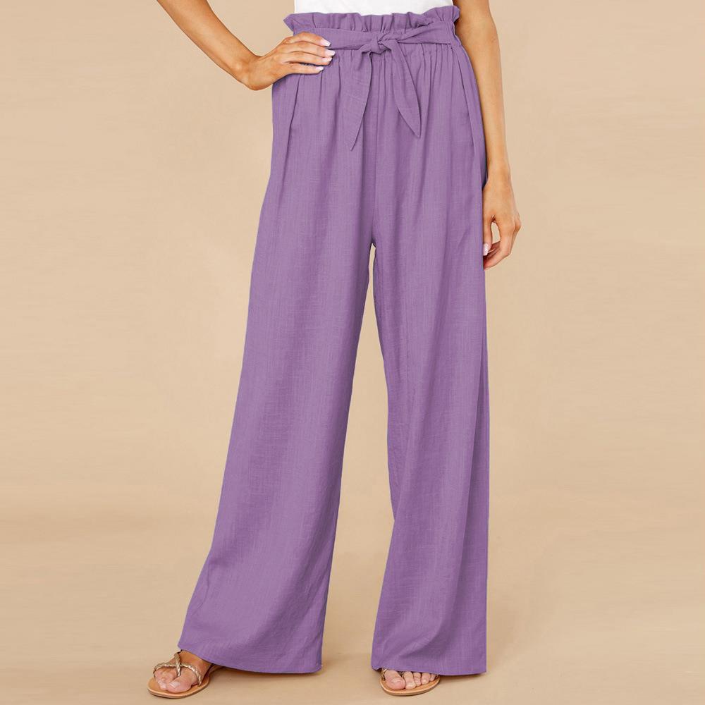 Women’s Wide-Leg Pants – Cotton Linen Blend – High Waist – Elastic Tie Belt