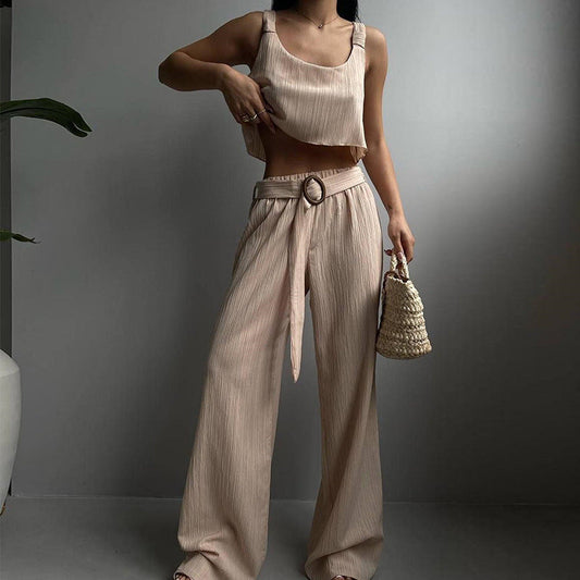 Women’s Two-Piece Set – Crop Top and Wide-Leg Pants – High Waist – Lightweight Fabric