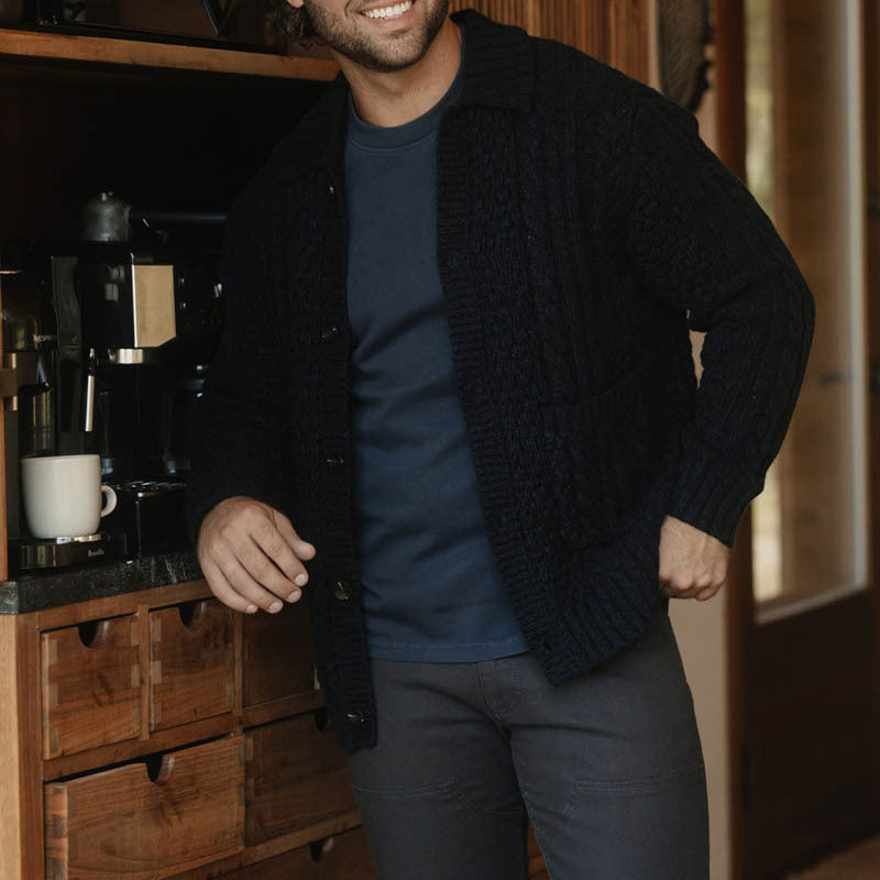 Men’s Cardigan – Wool Blend – Relaxed Fit – Cable Knit – Button Front – Collared – Pockets