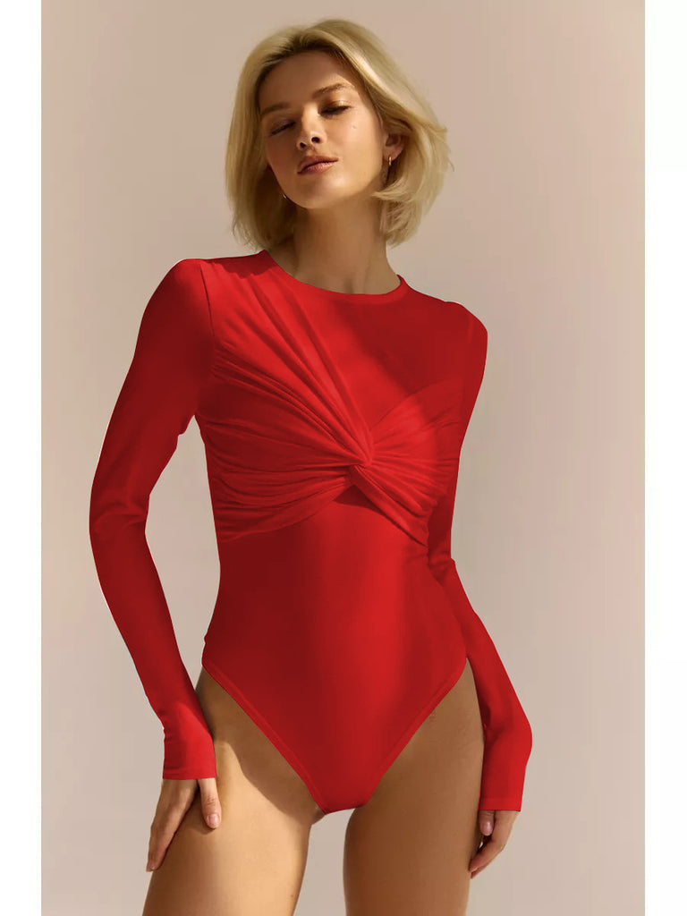 Women’s Bodysuit – Slim Fit – Soft Stretch Fabric – Ruched Front – Long Sleeve