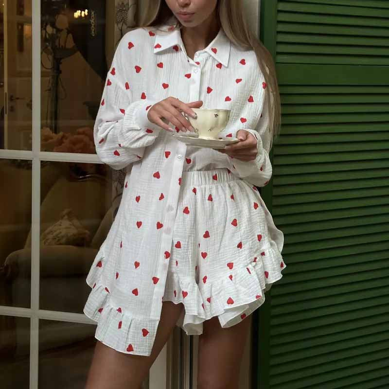 Women’s Loungewear Set – Cotton Blend – Relaxed Fit – Heart Print – Button Shirt & Shorts