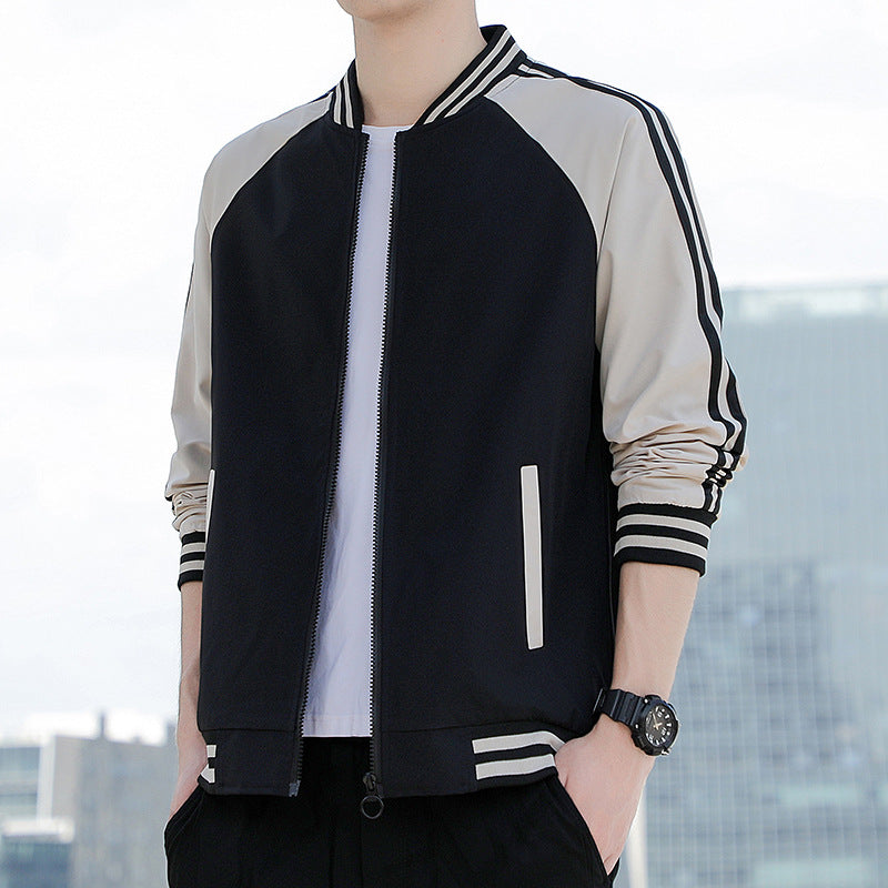 Men’s Bomber Jacket – Relaxed Fit – Zip Front – Ribbed Trim – Striped Sleeves