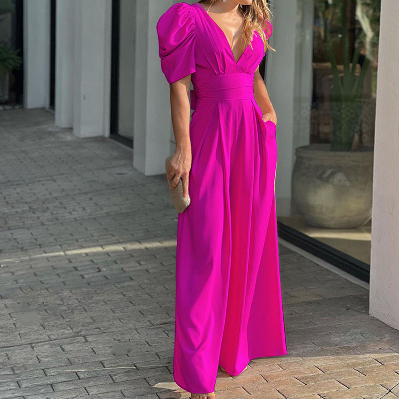 Women’s Jumpsuit – V-Neck – Puff Sleeve – Wide Leg – Cinched Waist – Full Length – Pockets