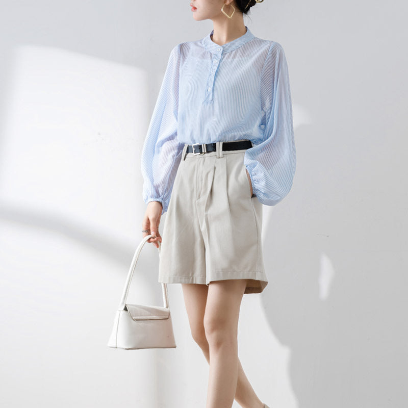 Women’s Blouse – Sheer Lightweight Fabric – Relaxed Fit – Long Puff Sleeve – Stand Collar
