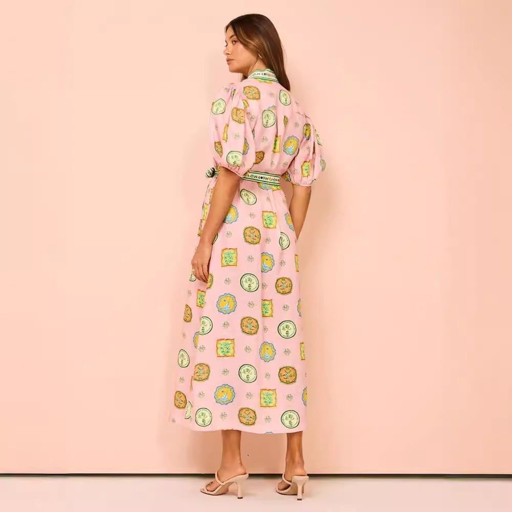 Women’s Midi Dress – Relaxed Fit – Lantern Sleeve – Button Down – Tie Waist – Graffiti Print