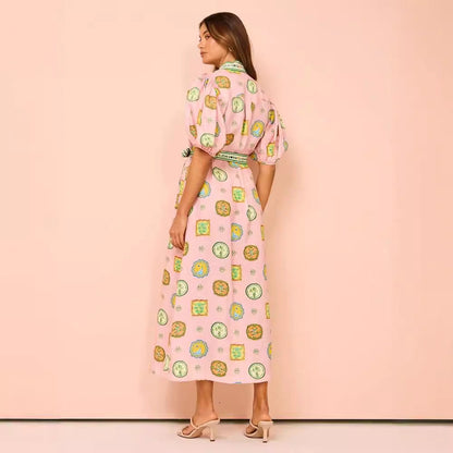 Women’s Midi Dress – Relaxed Fit – Lantern Sleeve – Button Down – Tie Waist – Graffiti Print