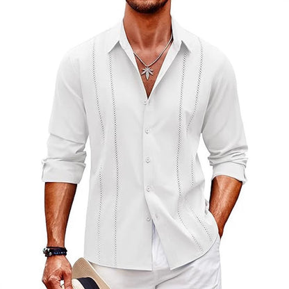 Men’s Long Sleeve Shirt – Slim Fit – Cotton Blend – Button-Front – Minimalist Vertical Dot Detailing