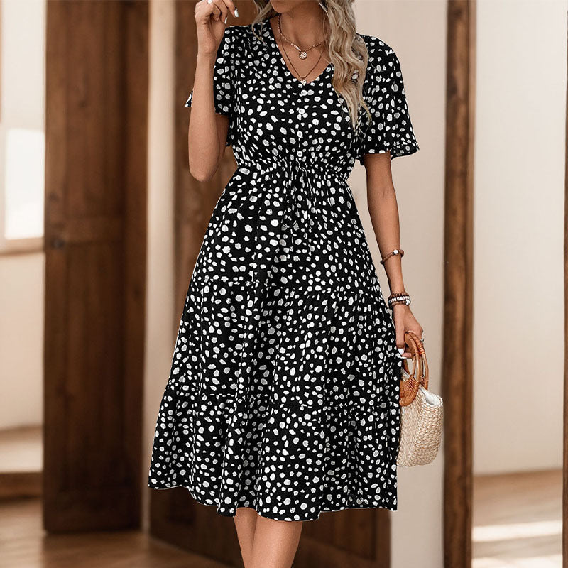 Women’s Midi Dress – A-Line Fit – Button-Down – Puff Sleeves – Polka Dot – Cotton