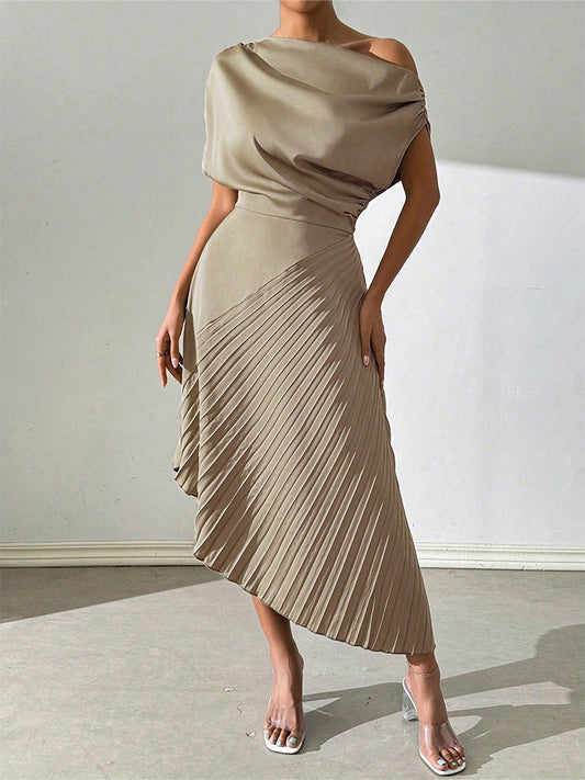 Women’s Midi Dress – One Shoulder – Satin Finish – Pleated Skirt – Fitted Silhouette