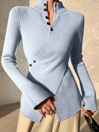 Women’s Knit Top – Slim Fit – High Neck – Long Sleeve – Asymmetric Hem – Button Detail