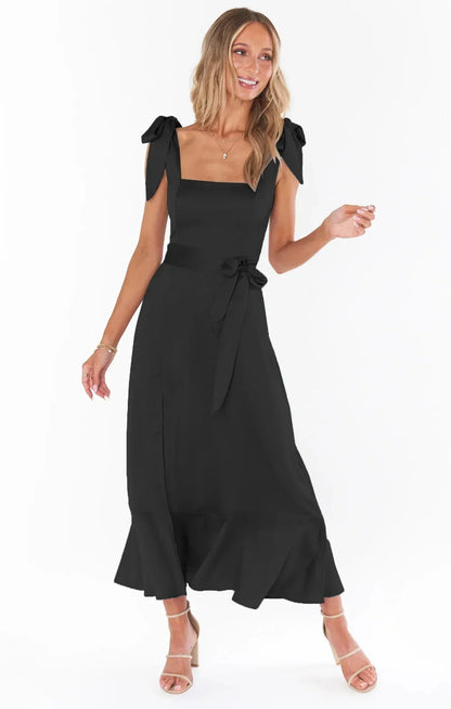 Women's Midi Dress - Square Neck - Sleeveless Bow Straps - Fitted Waist - Flared Hem