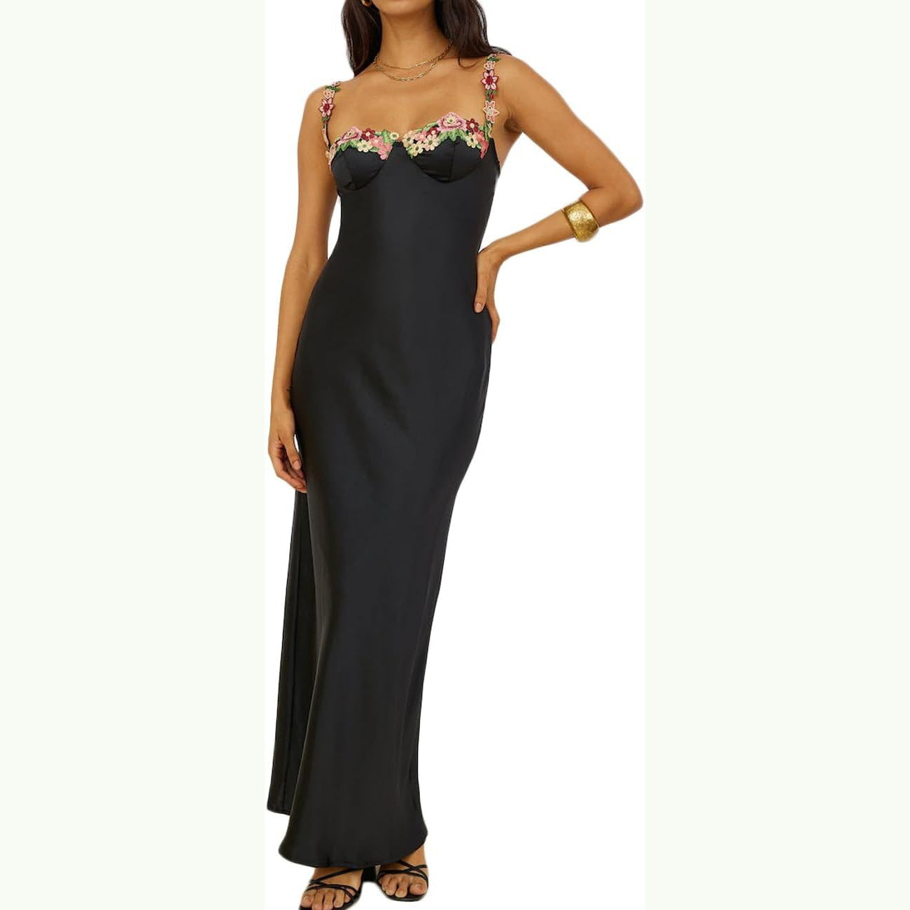 Women’s Long Dress – Satin Slim Fit – Sweetheart Neck – Floral Lace Trim