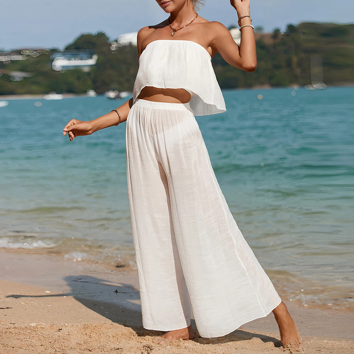 Women’s Two Piece Set – Strapless Cropped Top – High Waist Wide Leg Pants – Breathable Fabric