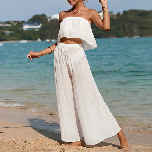 Women’s Two Piece Set – Strapless Cropped Top – High Waist Wide Leg Pants – Breathable Fabric