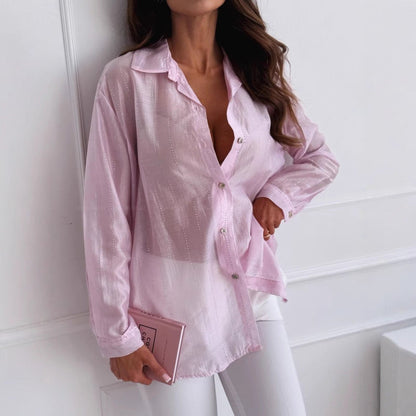 Women’s Long Sleeve Shirt – Oversized Fit – Rhinestone Detail – Button-Down Casual