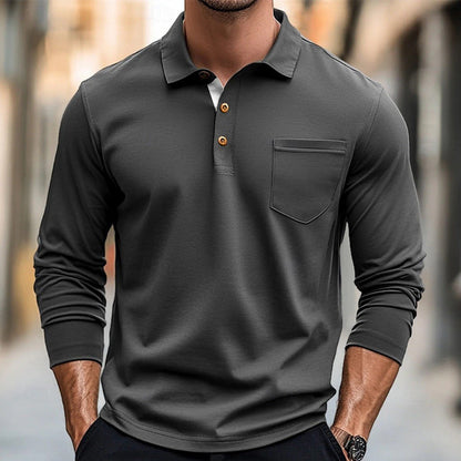 Men’s Long Sleeve Polo Shirt – Cotton – Slim Fit – Chest Pocket – Button Placket