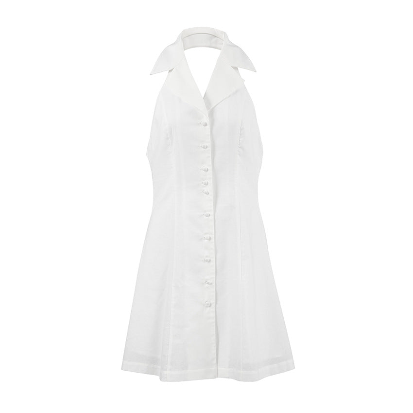 Women’s Halter Dress – Linen Blend – A-Line Fit – V-Neck – Mini Length – Button Front