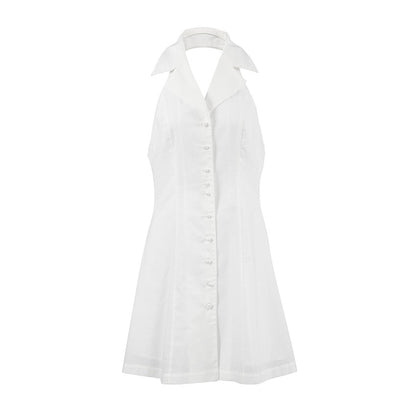 Women’s Halter Dress – Linen Blend – A-Line Fit – V-Neck – Mini Length – Button Front