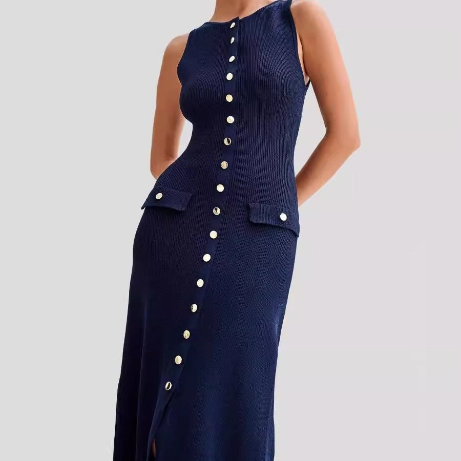 Women’s Knitted Dress – Slim Fit – Sleeveless Midi – Button Front – Round Neckline