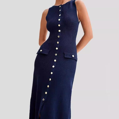 Women’s Knitted Dress – Slim Fit – Sleeveless Midi – Button Front – Round Neckline