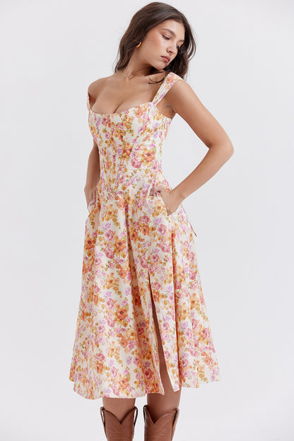 Women's Dress - Floral Print - Corset Bodice - Side Slit - Sleeveless