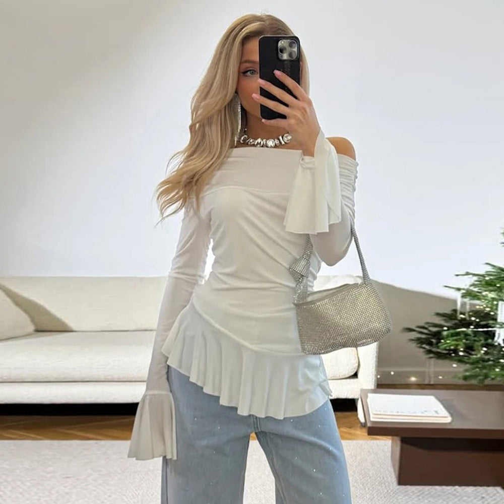 Women’s Off-Shoulder Top – Slim Fit – Ruffle Sleeve – Stretch Comfort Fabric