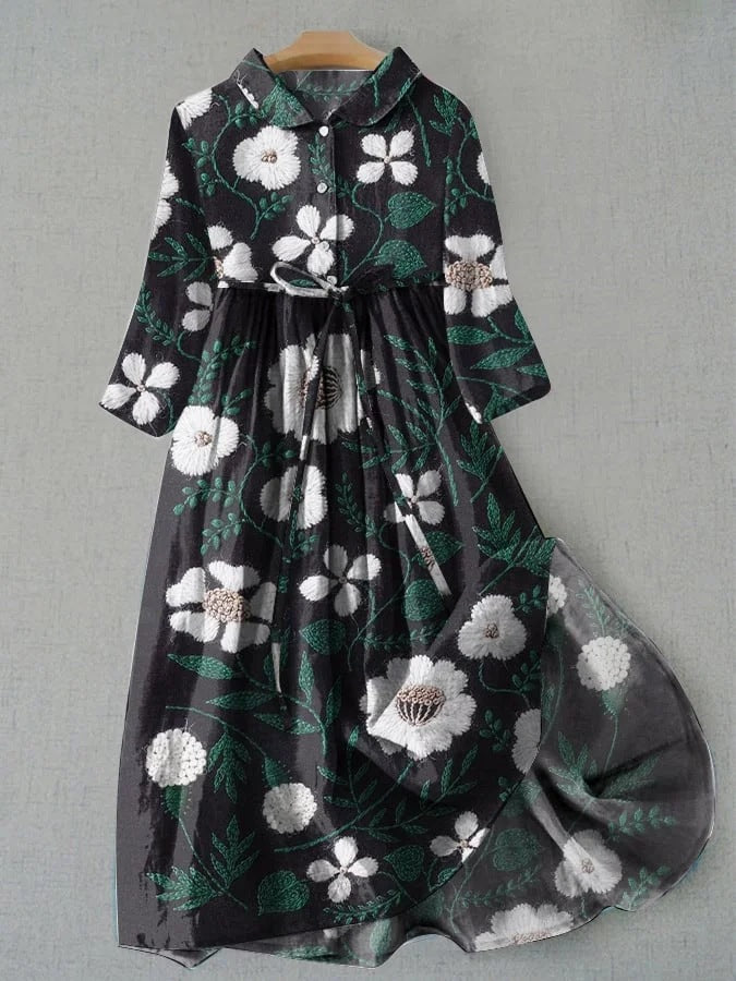 Women’s Midi Dress – Vintage Floral Print – Relaxed Fit – Belted Waist – 3/4 Sleeve