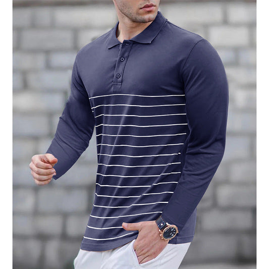 Men’s Polo Shirt – Slim Fit – Cotton Knit – Stripe Chest Detail – Long Sleeve