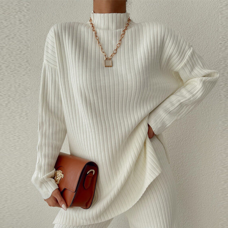 Women’s Knit Set – Ribbed Two-Piece – Oversized Top – Semi-High Neck – Full Length