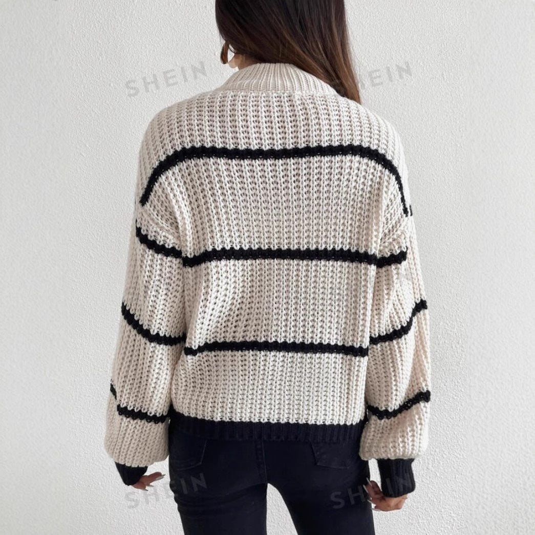 Women’s Knit Sweater – Relaxed Fit – Ribbed Wool Blend – Striped – Crew Neck Long Sleeve
