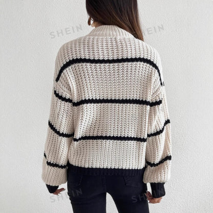 Women’s Knit Sweater – Relaxed Fit – Ribbed Wool Blend – Striped – Crew Neck Long Sleeve