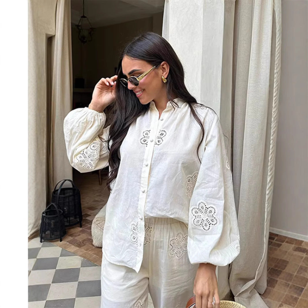 Women’s Blouse – Relaxed Fit – Balloon Sleeves – Lightweight Fabric – Cut-Out Details