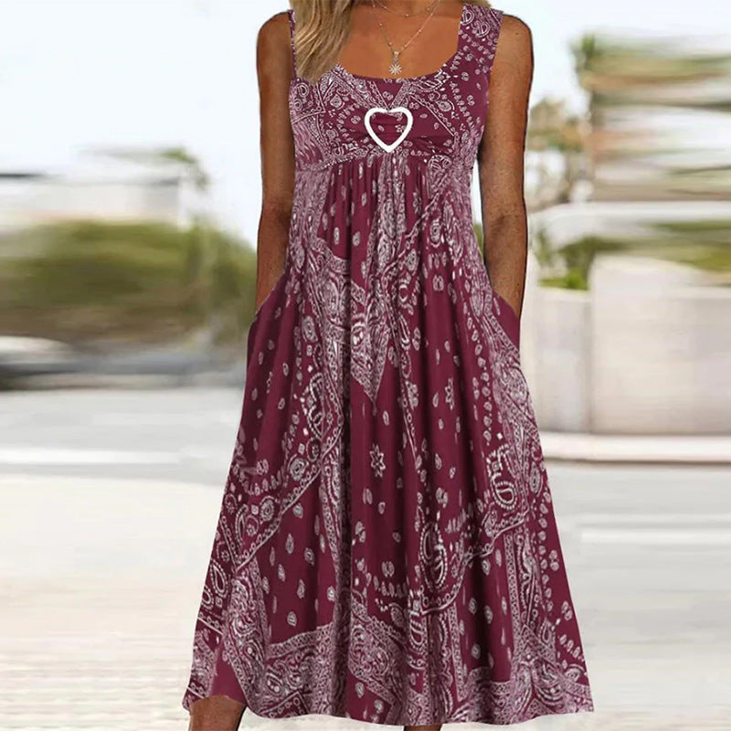 Women’s Maxi Dress – Flowing A-Line – Bandana Print – Breathable Blend – With Pockets