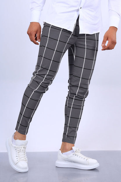 Men’s Slim Fit Pants - Cotton - Ankle Length - Windowpane Plaid Pattern