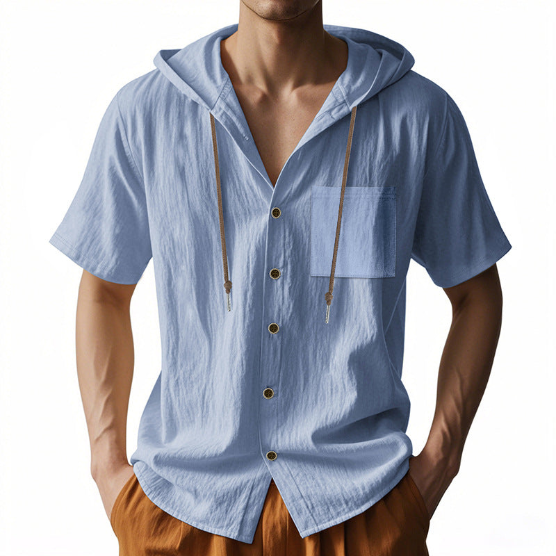Men’s Hooded Shirt – Linen Blend – Relaxed Fit – Short Sleeve – Button-Up Casual